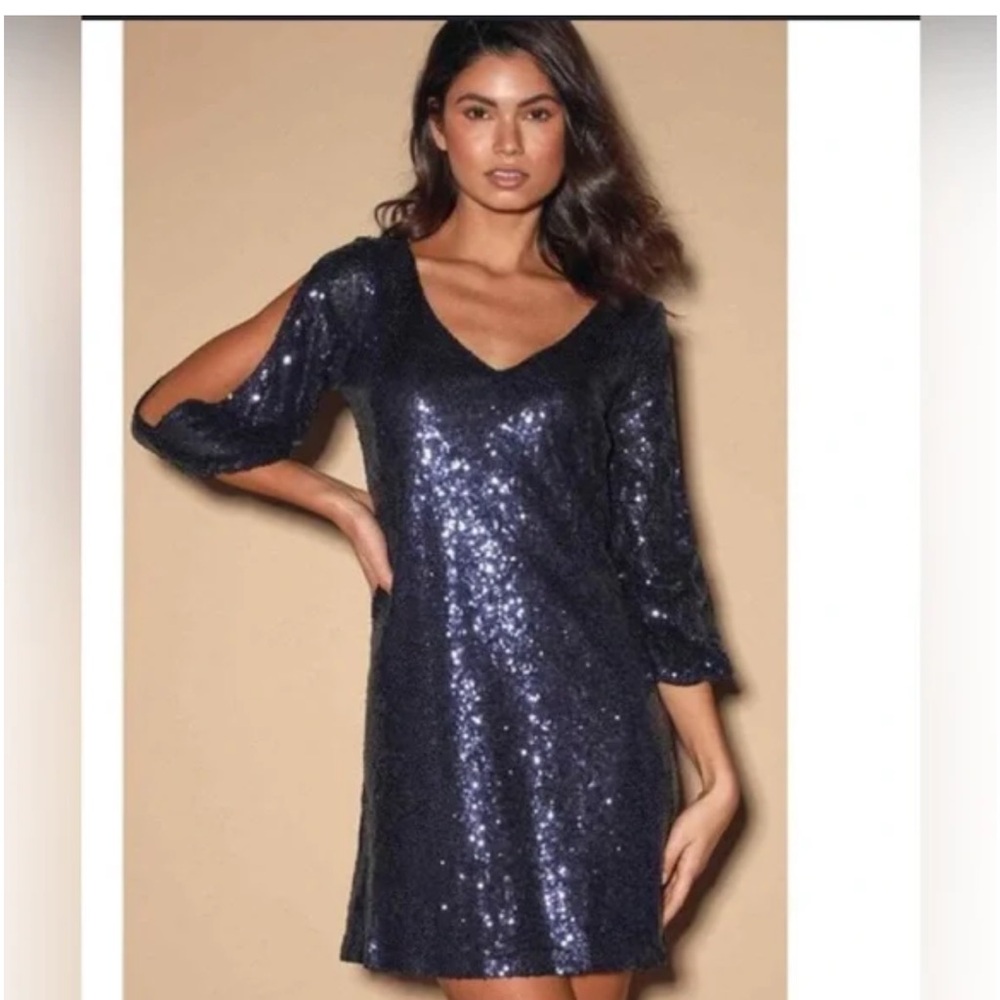 Lulus Size Large NWT Navy Sequin Cutout Sleeve Party Dress